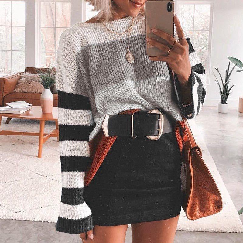 2021 Autumn and Winter  New Women Clothing Color Splicing Knitwear - My Store