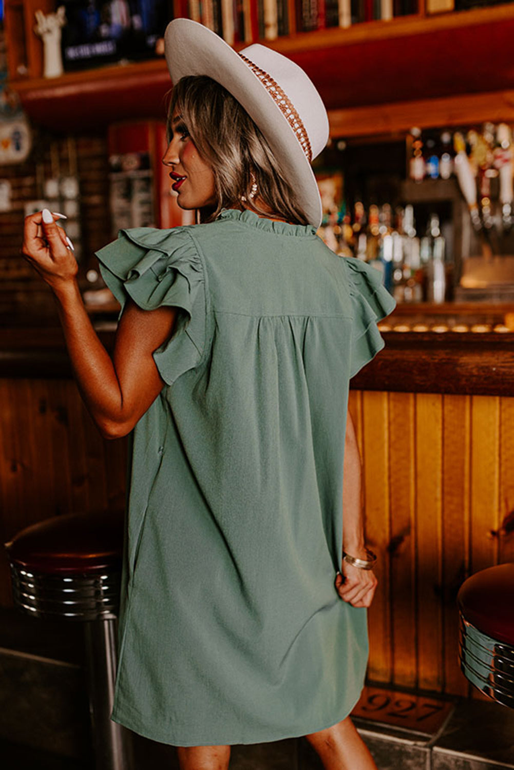 Mist Green Ruffle Sleeve V Neck Frilled Shift Dress - My Store