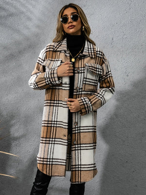 Plaid Collared Neck Long Sleeve Coat - My Store