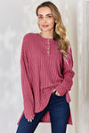 Basic Bae Full Size Ribbed Half Button Long Sleeve High-Low T-Shirt - My Store