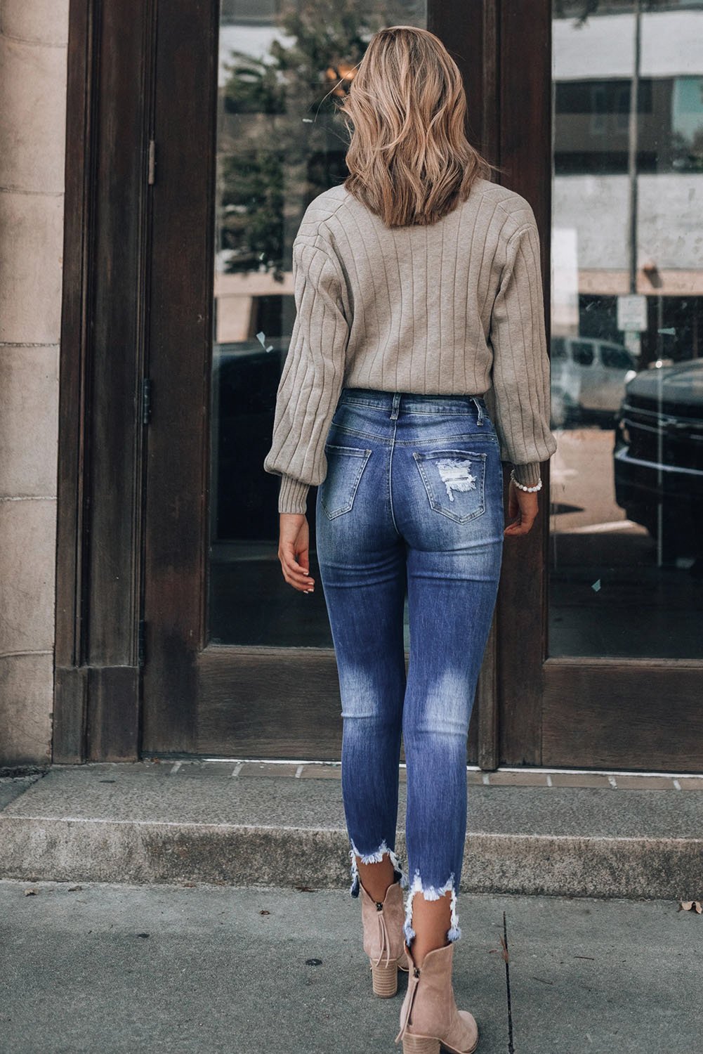 Dark Blue Washed Distressed Slits Skinny Jeans - My Store