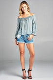 Women's Puff Long Sleeve Ruffled Front Tie Off Shoulder Top - My Store