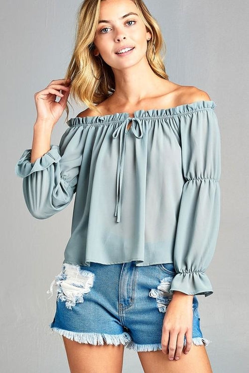 Women's Puff Long Sleeve Ruffled Front Tie Off Shoulder Top - My Store