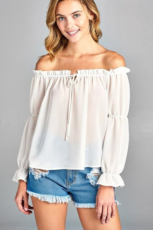 Women's Puff Long Sleeve Ruffled Front Tie Off Shoulder Top - My Store