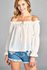 Women's Puff Long Sleeve Ruffled Front Tie Off Shoulder Top - My Store