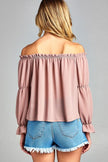 Women's Puff Long Sleeve Ruffled Front Tie Off Shoulder Top - My Store