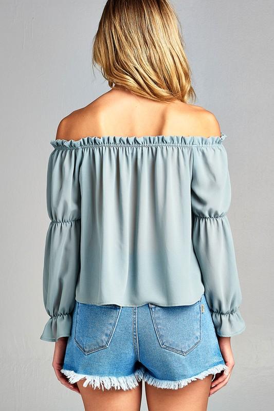 Women's Puff Long Sleeve Ruffled Front Tie Off Shoulder Top - My Store