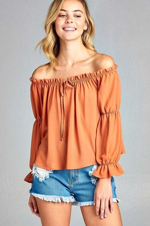 Women's Puff Long Sleeve Ruffled Front Tie Off Shoulder Top - My Store