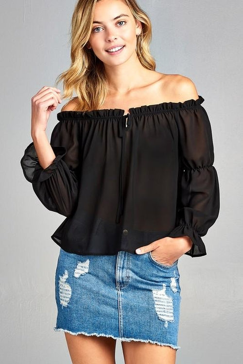 Women's Puff Long Sleeve Ruffled Front Tie Off Shoulder Top - My Store