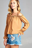 Women's Puff Long Sleeve Ruffled Front Tie Off Shoulder Top - My Store