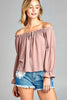 Women's Puff Long Sleeve Ruffled Front Tie Off Shoulder Top - My Store