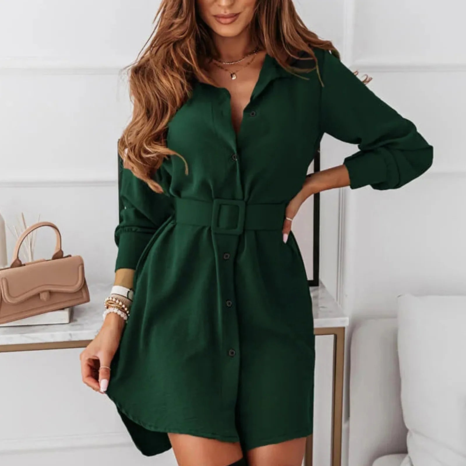 Knee-Length Casual A-Line Slim Fit Shirt Dress with Long Sleeves - My Store