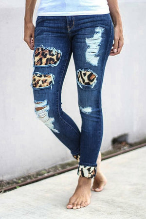 Fashion Women's Blue Hollow Out Leopard Splice Ripped Jeans - My Store