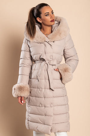 Long padded winter jacket with faux fur, beige - My Store