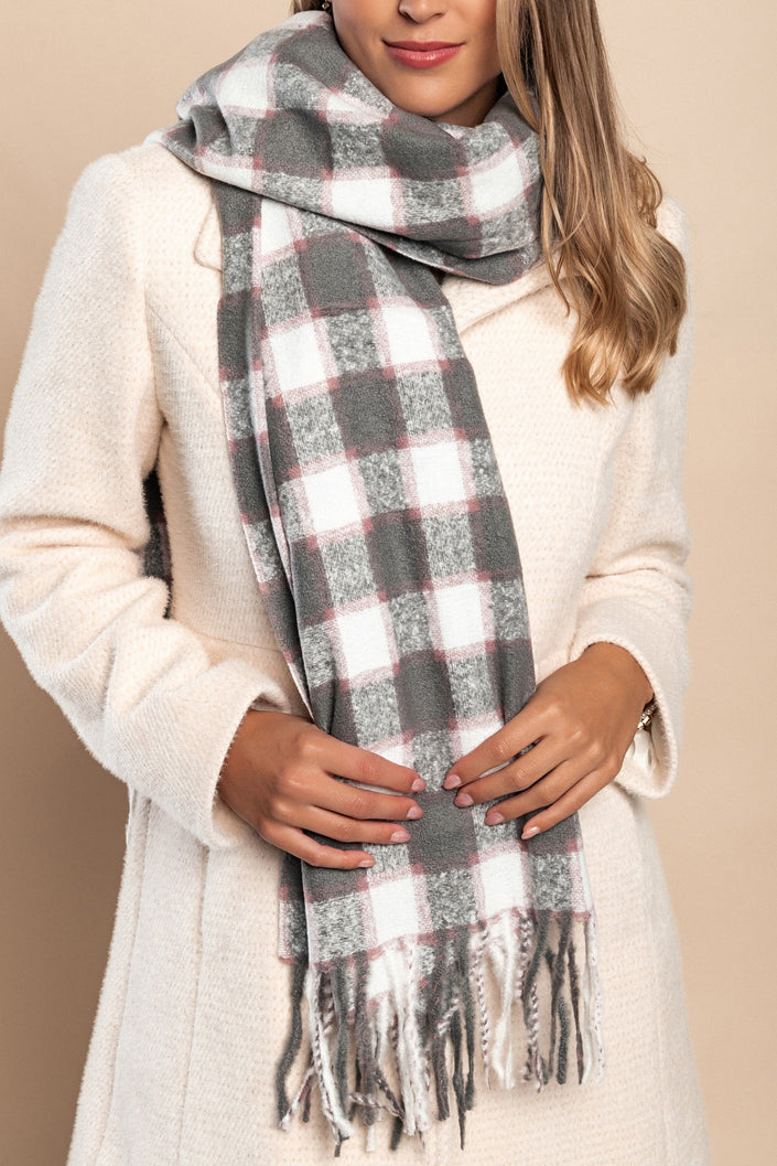 Winter scarf with checkered print, gray - My Store