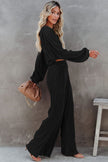 Black Corded Cropped Pullover and Wide Leg Pants Set - My Store