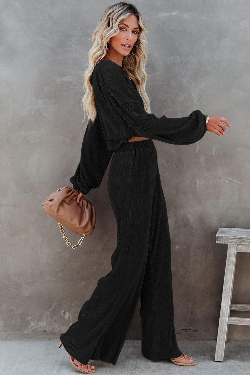 Black Corded Cropped Pullover and Wide Leg Pants Set - My Store