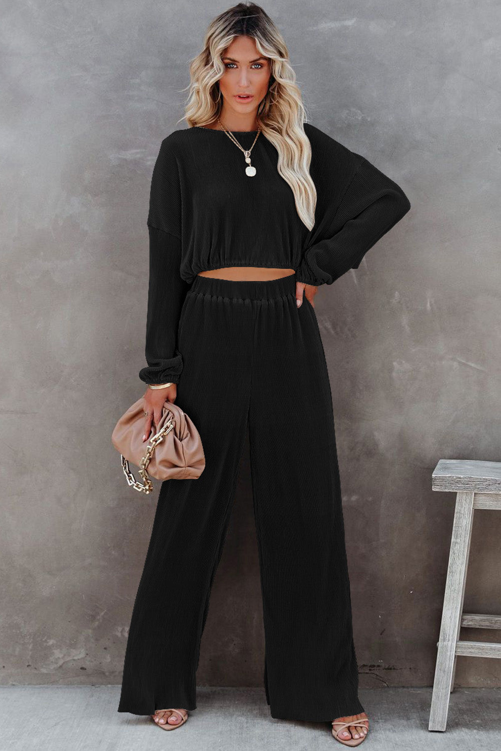 Black Corded Cropped Pullover and Wide Leg Pants Set - My Store