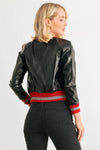 Black & Red Ribbed Vegan Leather Bomber Jacket - My Store