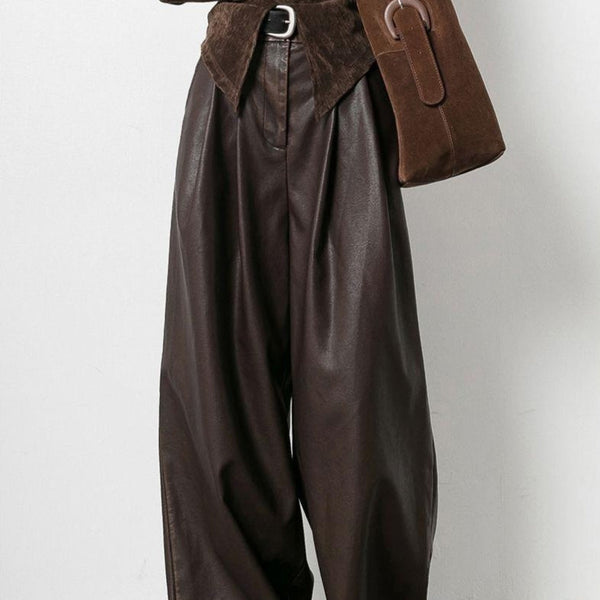 Women's Vintage Brown Pleated PU Leather Pants - My Store