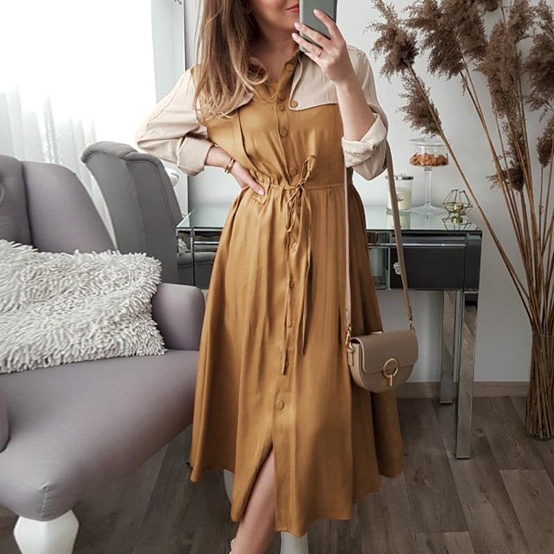 Elegant Khaki mid waist long sleeve dress autumn winter long female - My Store