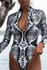 Gray Snake Print Zipper Cut-out Rash Guard Swimsuit - My Store