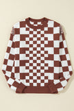 Brown Checkered Print Drop Shoulder Round Neck Sweater - My Store