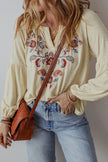 Embroidered Notched Long Sleeve Blouse - My Store