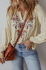 Embroidered Notched Long Sleeve Blouse - My Store