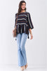 Blue Multicolor Striped Round Neck Button-Down Back Detail Self-Tie Tassel Tip Midi Sleeve Flounce Hem Top - My Store