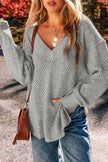 Light Grey Oversized V Neck Drop Shoulder Sweater with Eyelet Detail - My Store