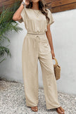 Beige Crinkled Elastic Hem Crop Tee and Wide Leg Pants Set - My Store