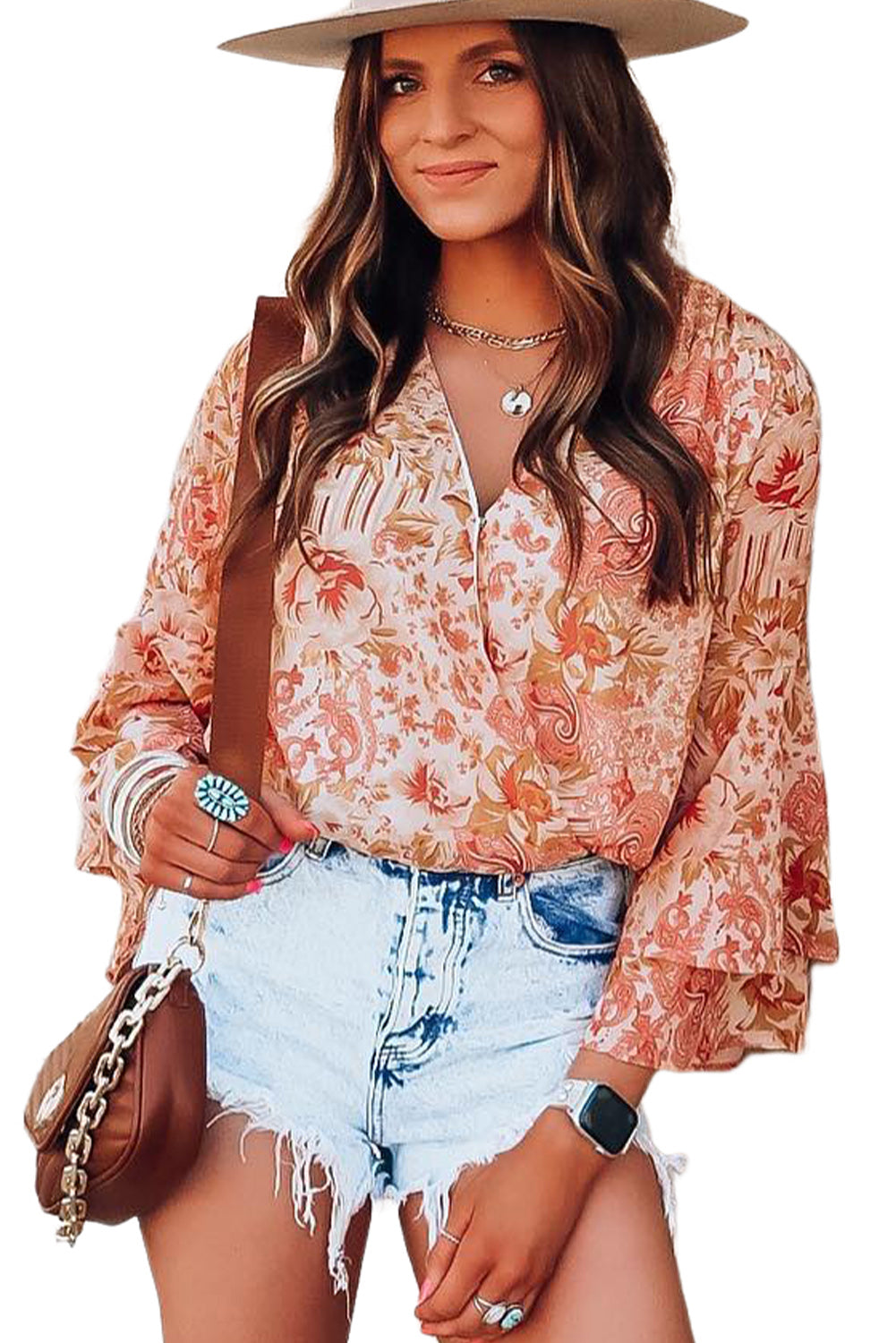 Orange Floral Print Ruffled Bell Sleeve V Neck Bodysuit - My Store