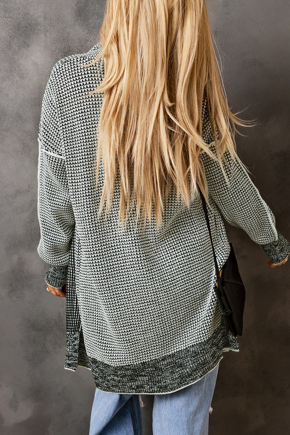 Gray Plaid Knitted Long Open Front Cardigan - My Store