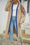 Double Take Geometric Fringe Hem Open Front Duster Cardigan - My Store