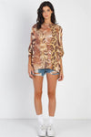 Brown Safari Print Flannel Dolman Midi Sleeve Top - My Store