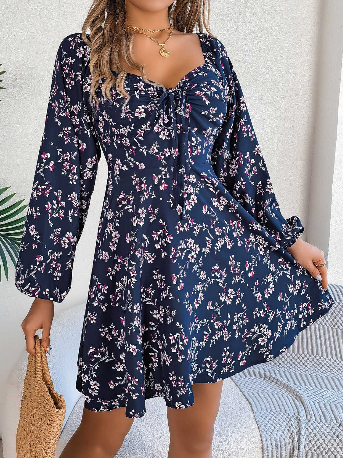 Printed Sweetheart Neck Balloon Sleeve Mini Dress - My Store