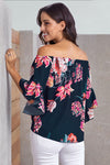 Navy Off Shoulder Floral Tie Front High Low Chiffon Blouse - My Store