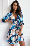 Blue Abstract Floral Long Sleeve Tied Ruffle Dress - My Store