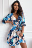 Blue Abstract Floral Long Sleeve Tied Ruffle Dress - My Store