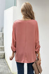 Pink V Neck 3/4 Sleeve High Low Hem Shirt - My Store