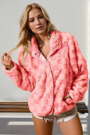 Double Take Checkered Long Sleeve Fuzzy Jacket - My Store