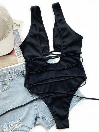 Ribbed Lace Up One-Piece Swimsuit - My Store