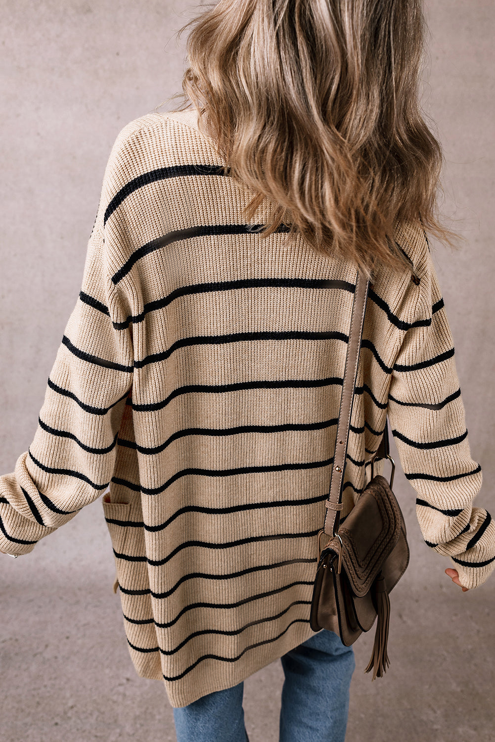 Black Stripe Shawl Neckline Open Cardigan with Pockets - My Store