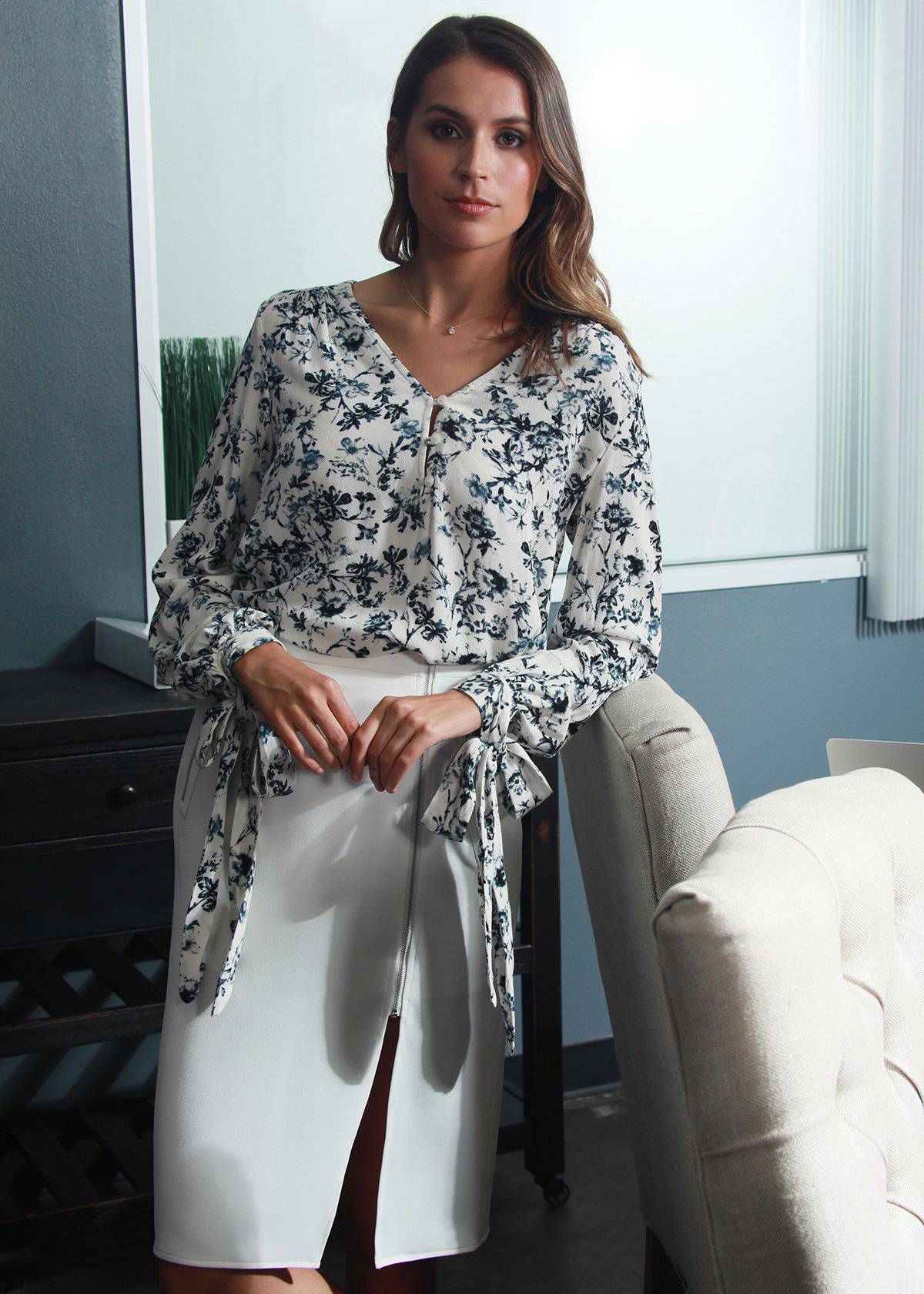 V-neck Tie Cuff Blouse In Ivory Floral Garden - My Store