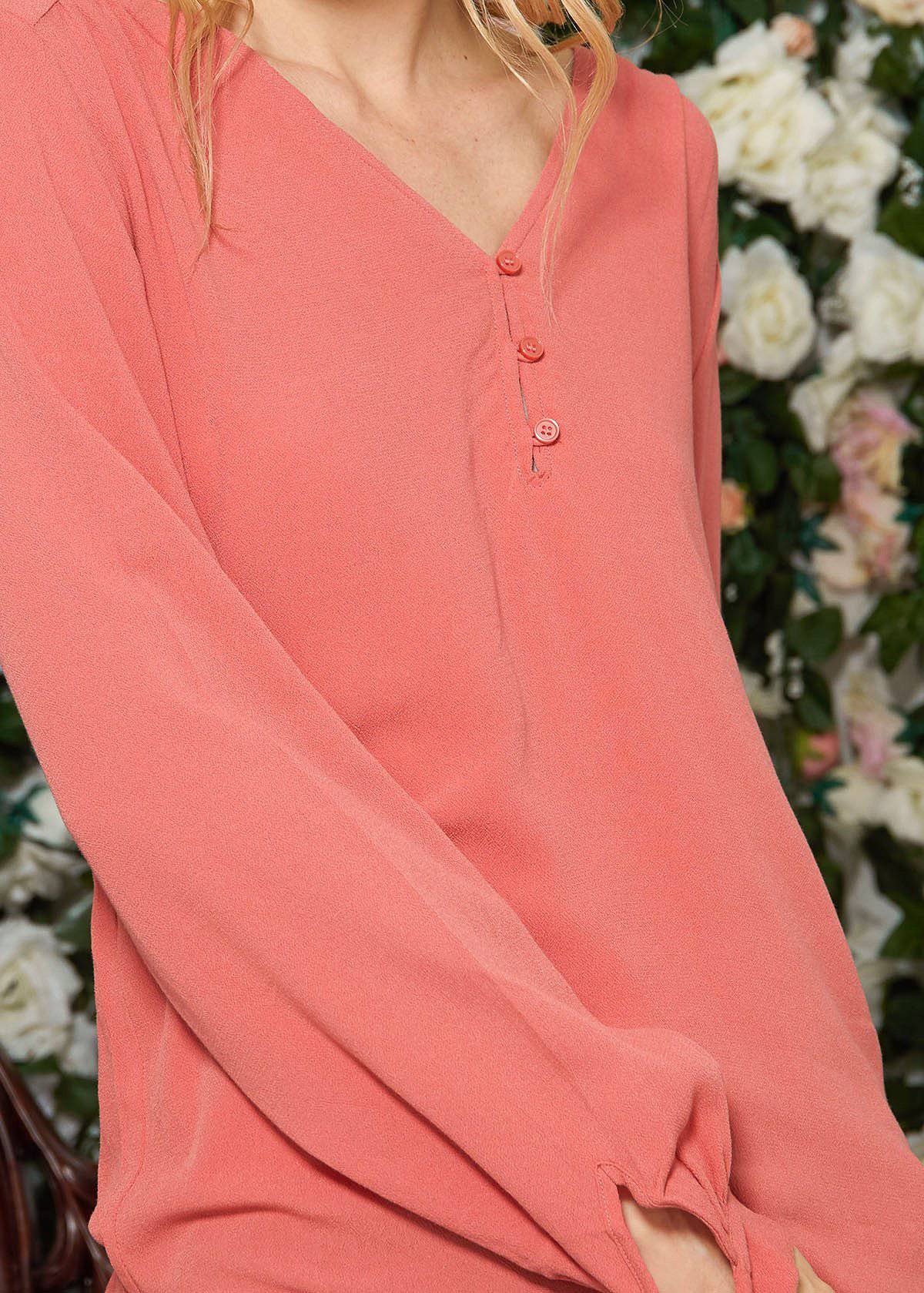 V-neck Tie Cuff Blouse In Faded Coral - My Store