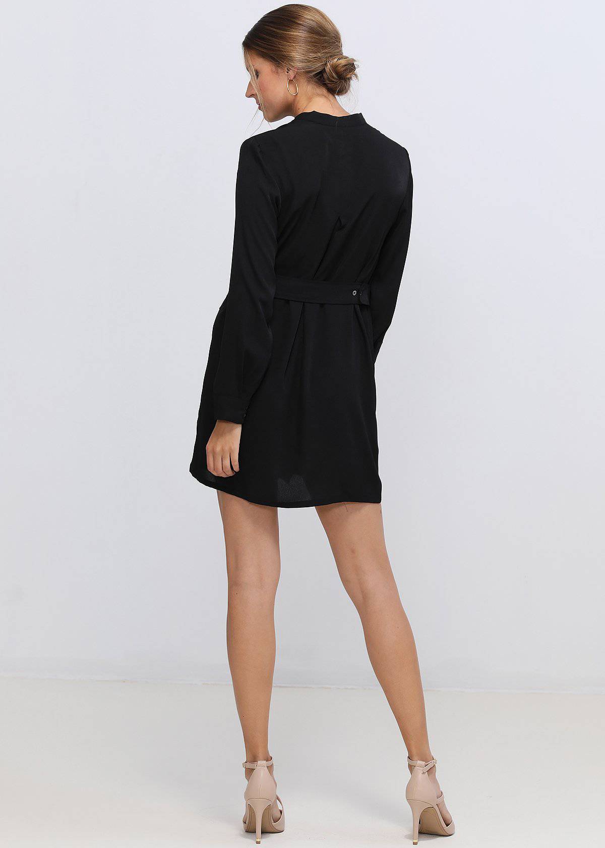 Women's Stand Collar Wrap Mini Dress In Black - My Store