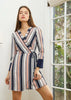 Women's Printed Wrap Dress With Cuff Binding in Multi Stripe - My Store