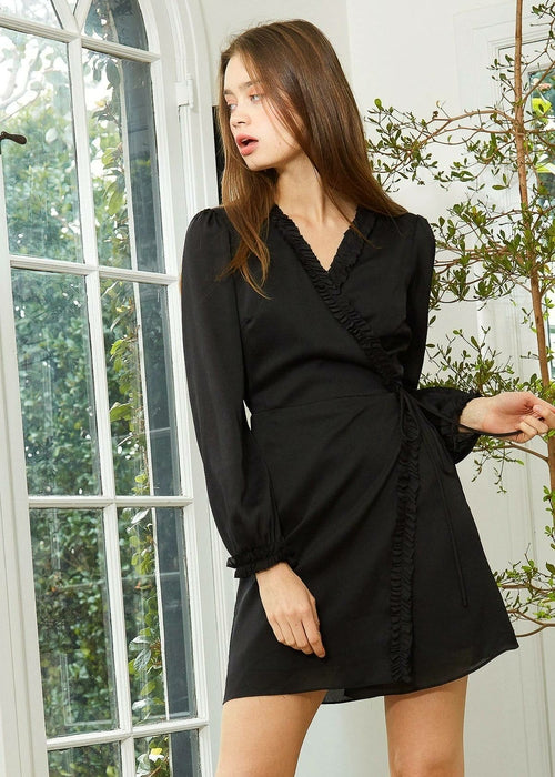 Women's Ruffle Trim Long Sleeve Wrap Dress in Black - My Store