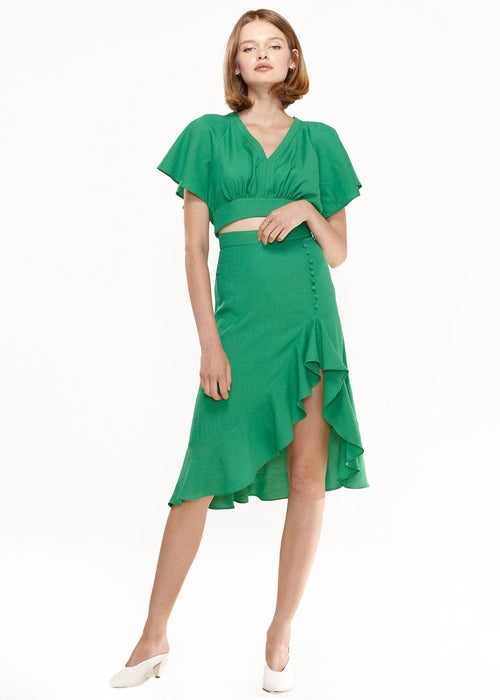 Women's Asymmetrical Hem Button Front Skirt in Kelly Green - My Store